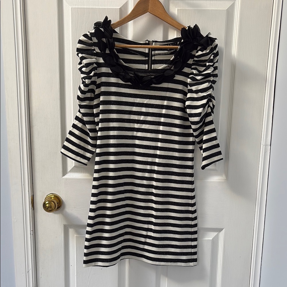 Black and White Striped Dress with Floral Neckline